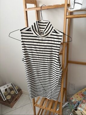 LOFT Black and White Striped Sleeveless Turtleneck Top